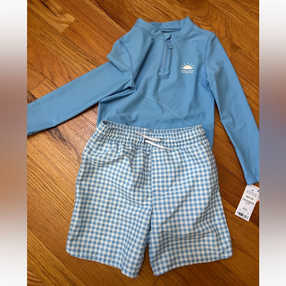 Carters Toddler Light Blue Rash Guard and Gingham Swim Suit Shorts Set 5T